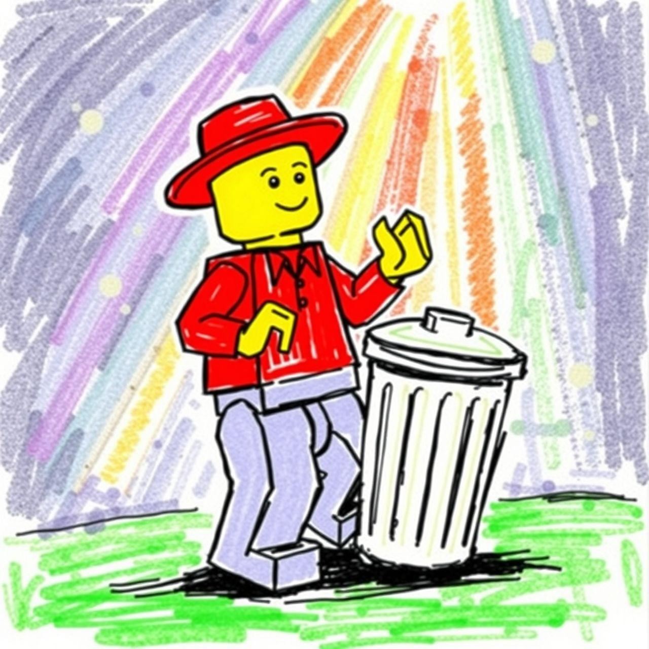 a lego man standing and smiling next to a trash bin
